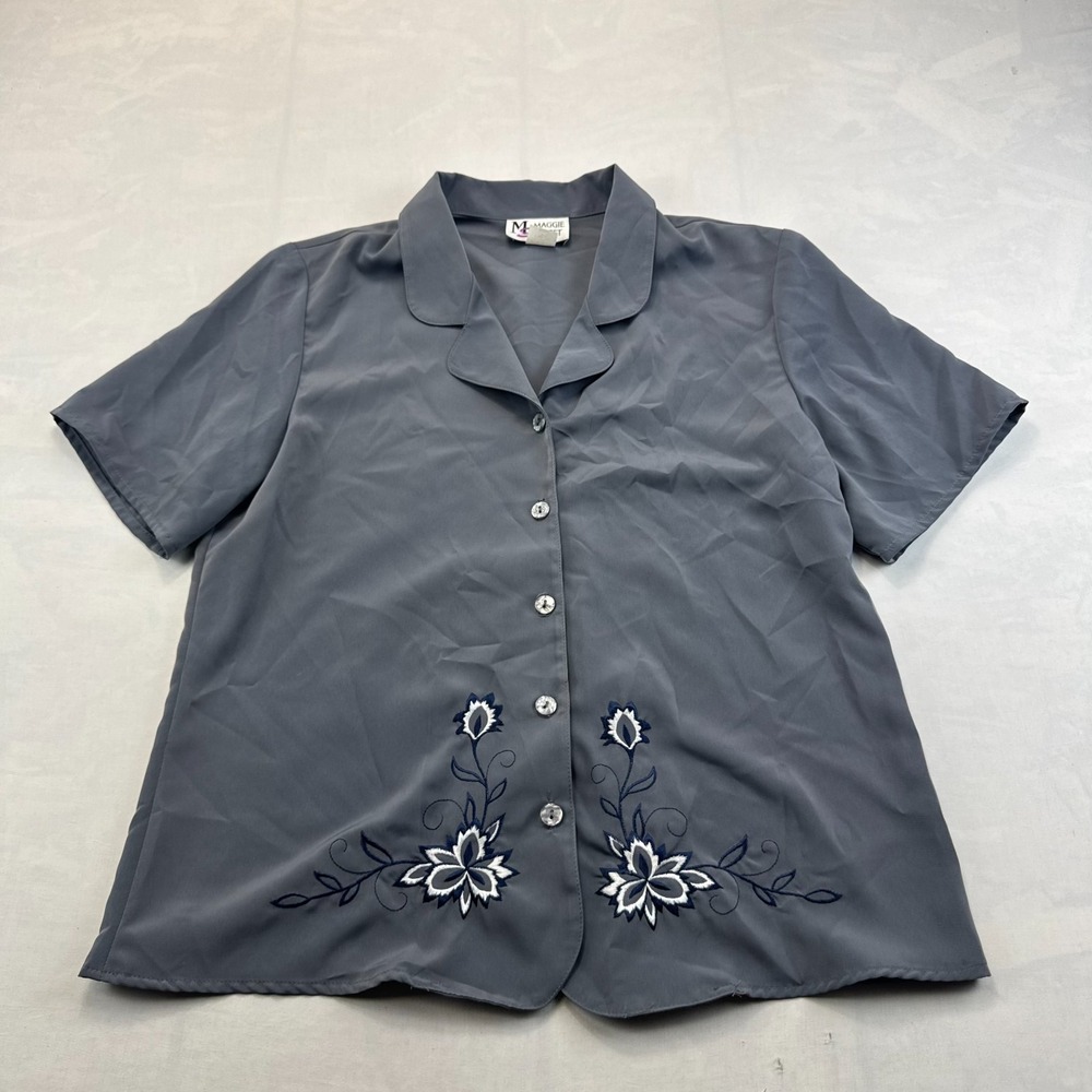 Vtg Maggie Sweet Shirt Womens M Gray Floral Embroidered Short Sleeve Button Up
